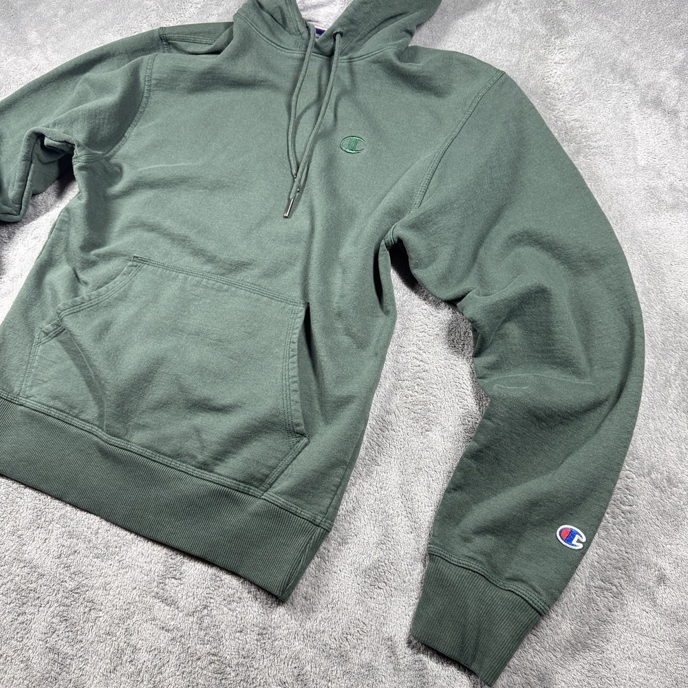 Y2K Champion Pullover Hoodie Green Fleece Sweatshirt‎ Drawstring Men's Medium - Picture 10 of 10